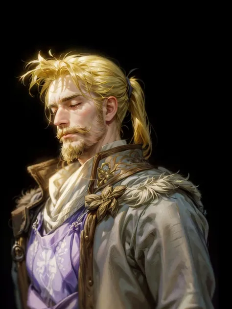 (absurdres, highres, ultra detailed, HDR), masterpiece, perfect face, detailed face, intricate details, extremely detailed character profile, best quality close-up picture, fire emblem character, rpg, noble man outfit, yellow hair, thick moustache bearded,...