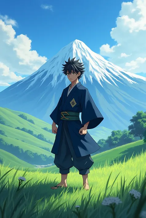 Create the demon Slayer tanjiro in a landscape with grasses and mountains in 3D with the size 688 x 387