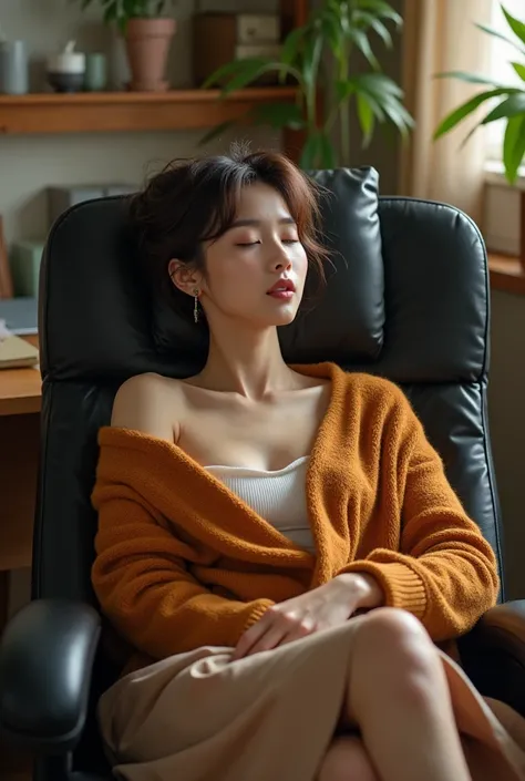 siesta, snooze off, a corner of the office, a Asian cute lady, sleeping while sitting in an office chair, reclining chair, lie on side, wearing warm autumn fashion, asleep with clothes on, skirt is riding up to her thighs, thighs are exposed, closed eyes, ...