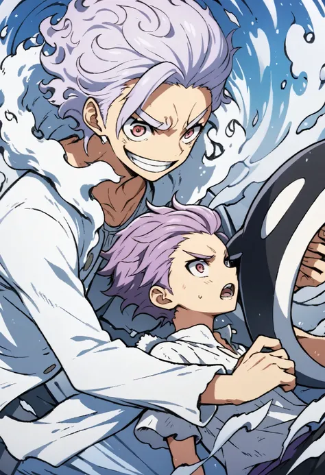 Anime illustration of a killer whale and a boy. Purple hair, slicked back hairstyle, short hair, white jumper with fur, pointed sunglasses, masterpiece, highest quality, highly detailed CG Unity 8K wallpaper,