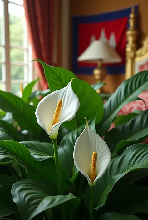 very nice natural decoration so many gigantic beautiful full of peace Lily Plants in the royal bed room with Cambodia flag 