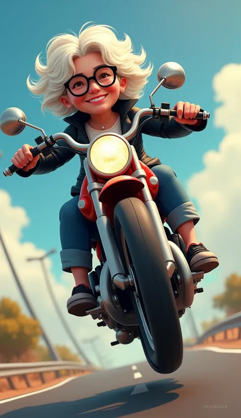 Fantasy cartoon, digital art. Cheerful curly haired granny wearing black round glasses, white vest, black leather jacket and jeans riding an ale motorbike on the highway, doing wheelies in a fun dynamic pose. Illustration by wlop and greg rutkowski, cgsoci...