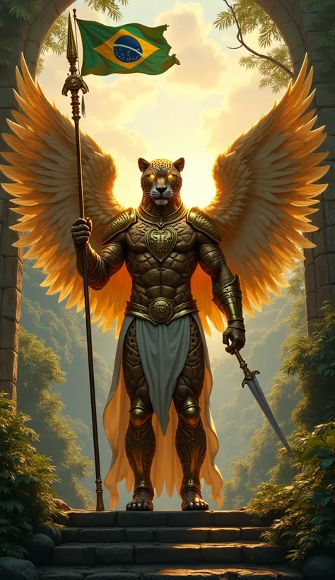 A powerful angel with the head of a jaguar, his golden eyes gleaming with determination and his fangs partially bared in a ferocious snarl, stands with his feet firmly planted on the steps of an ancient stone temple. His muscular body is encased in golden ...