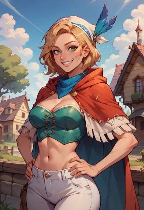 masterpiece, best quality, Sky, hair feathers, hooded cape, bandana, bustier, midriff, single glove, white pants, upper body, sky, looking at viewer, furrowed brow, smile, village, house, tree, hands to hips 