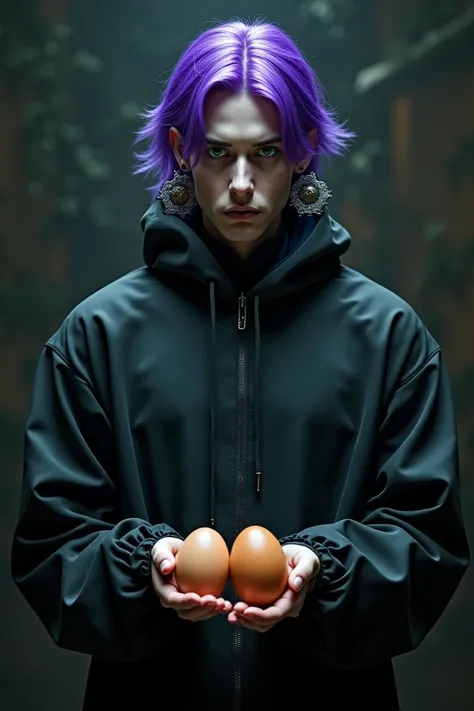 Man with purple hair ,  with large brown eggs , Green eyes, upstage,  hexagonal earrings on the right side only, Black Mokti, doctor&#39;s gown, Expressionless,  dark 