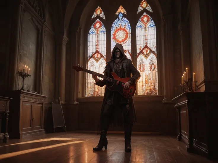 A gothic cathedral window in the style of the Bloodborne video game. It is sunset. A hooded figure stands in the centre of the image playing a bass guitar.