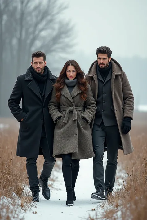 Two men and a sexy woman with big breasts dressed in winter clothes walk on a dike where there is frost on the grass.