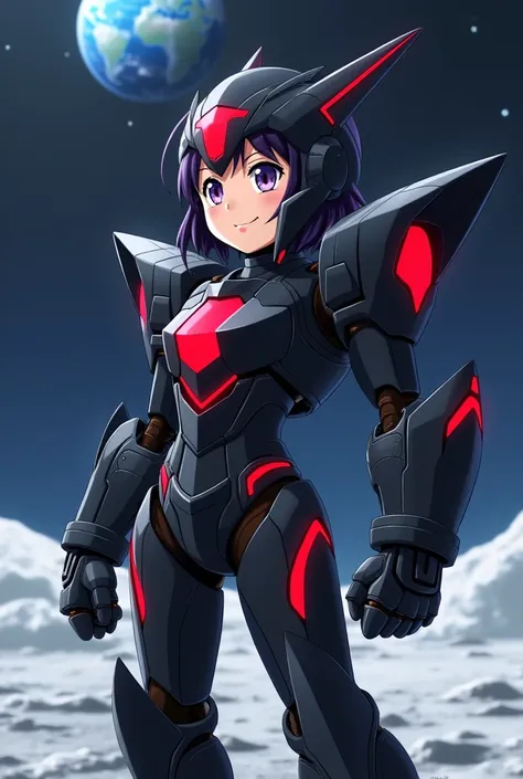 Japanese anime official art style. A young girl wearing a robot suit inspired by a massive black missile. The suit features a metallic design with a black base color and glowing red lines embedded in the chest, shoulders, arms, and legs, giving a futuristi...