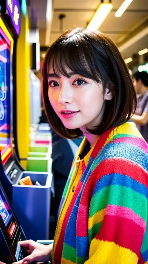  high definition ,  best quality ,  super detailed,  high definition , 8k wallpaper,  perfect dynamic composition,  beautiful eyes with attention to detail,
 A cute Japanese woman wearing a colorful sequined jacket plays an up-tempo song at a game center w...