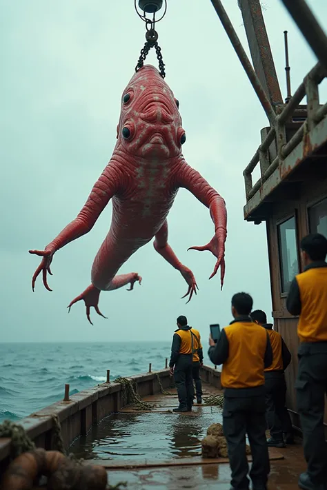 A hyperrealistic photograph of a red living water with white spots and scars on the skin,  suspended in the air by a rusty steel crane on a worn Chinese fishing boat . The deck is full of strings , nets and water ,  as crewmembers in yellow vests watch in ...