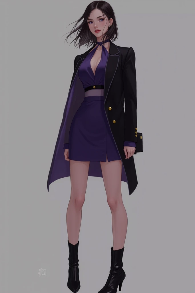  Creates a bachelors promotion uniform: high waist skirt , short jacket, halter shirt and ankle boots .  The purple and black uniform