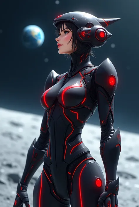 Japanese anime official art style. A woman wearing a robot suit inspired by a massive black missile. The suit features a metallic design with a black base color and glowing red lines embedded in the chest, shoulders, arms, and legs, giving a futuristic and...