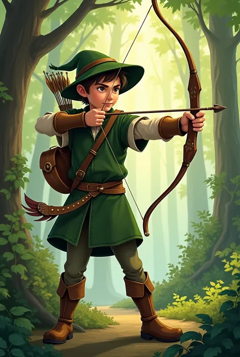 Robin Hood is a boy dressed in green holding a bow and arrow 