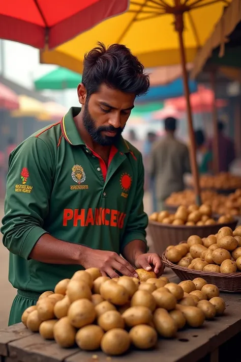 সাকিব আল হাসান আলু বিক্রি করতেছে। 