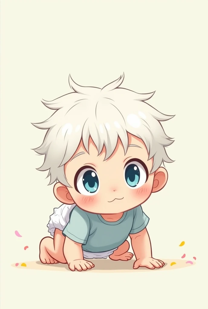  Generate an anime-style image of a boy with white skin and white hair in diapers., With blue eyes、 wearing a light blue baby suit , Watch the viewer directly while crawling 