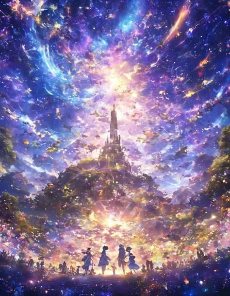 masterpiece, Concept Art, Panorama, In the center, shape, Wide Shot, garden, night, (流star), Space Galaxy Background, (A magnificent composition, Epic scale), Dynamic Lighting, Bright colors, for a moment、ephemeral、beautiful、Fantasy、Each person、Reaching fo...