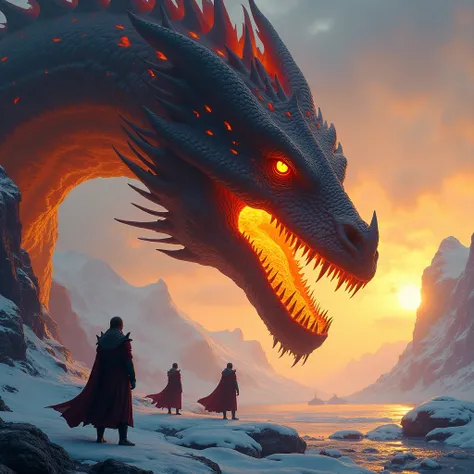 Massive, fiery dragon head dominates the scene, perched above a landscape.  Dark, obsidian scales, etched with fiery orange veins, adorn the dragons head, creating a striking contrast.  A single, piercing blue eye, intense and watchful, is focused on the v...