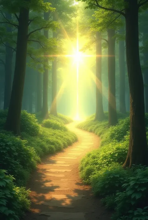 A path illuminated by the light of God :  A path surrounded by trees and nature ,  with a warm, heavenly light guiding the path .  The image reflects the idea of following Gods plan ,  with light as a symbol of the divine direction and hope that we find wh...