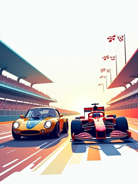 A flat illustration of two cars in a vibrant racing stadium, one a normal average car driven by a casual driver, the other an F1 racing car driven by a professional driver. The average car appears slower and simpler, while the F1 car looks sleek and powerf...