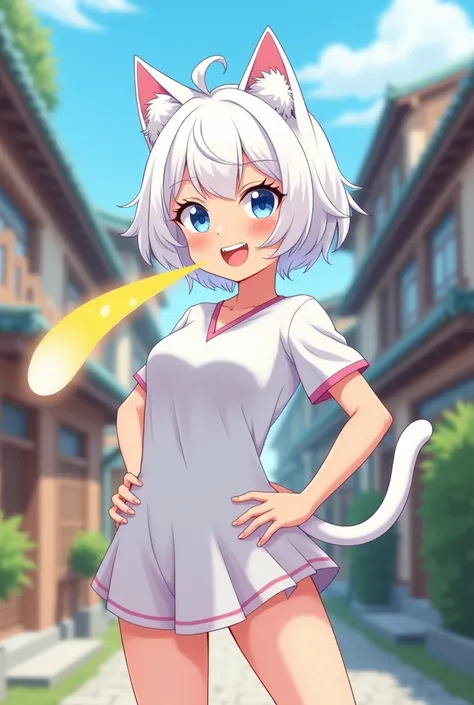   short white curly haired woman ,white cat ears, beautiful blue eyes  ,  two sharp teeth  ,  smiling  ,cat&#39;s hand,2D,japan, twirl her hips towards the screen ,Fart,노란 Fart