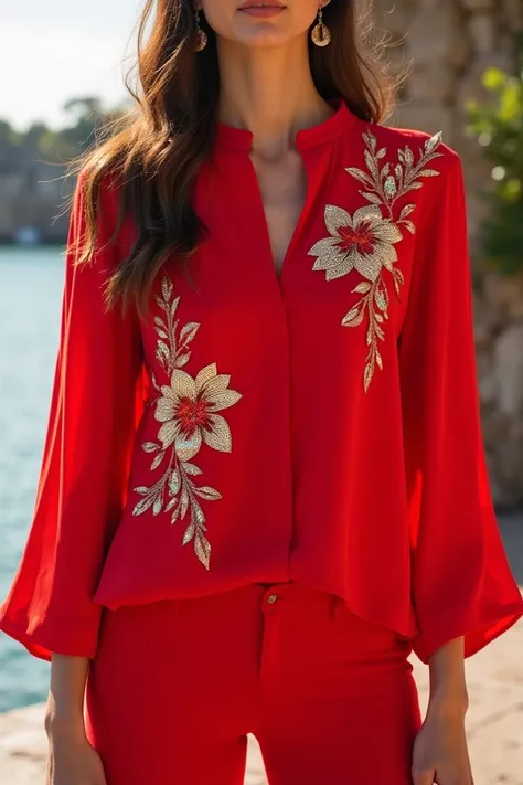 Summer blouse with sequin embroidered appliques all in red