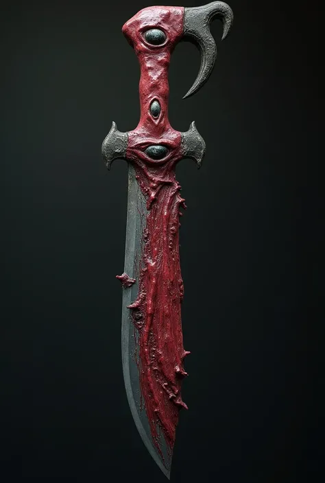  Kukri-style dagger that looks like flesh and blood on the handle and has 2 eyes in the guard,  and the edge that looks like metal , On the lower part of the blade it has a pseudo mouth and on the upper part a metal “hook”  