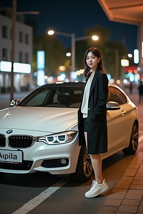 Wearing the same clothes with the car door open to the number plate that reads "Aqila, a beautiful young Korean woman