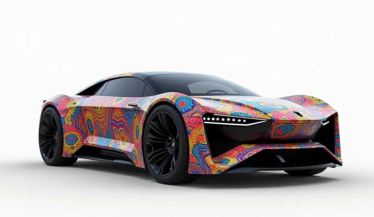 hypercar minivan hybrid, covered rainbow batik pattern, off road wheels, front view, white background