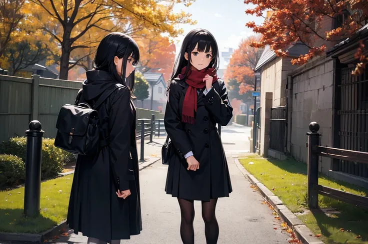 High image quality, high resolution, smooth gradation, vivid colors, a scarf, a black cloak, a black student uniform, black stockings, black lace-up shoes, school bag, black hair, a high school girl, Autumn, in front of the ginkgo trees, after school, at t...