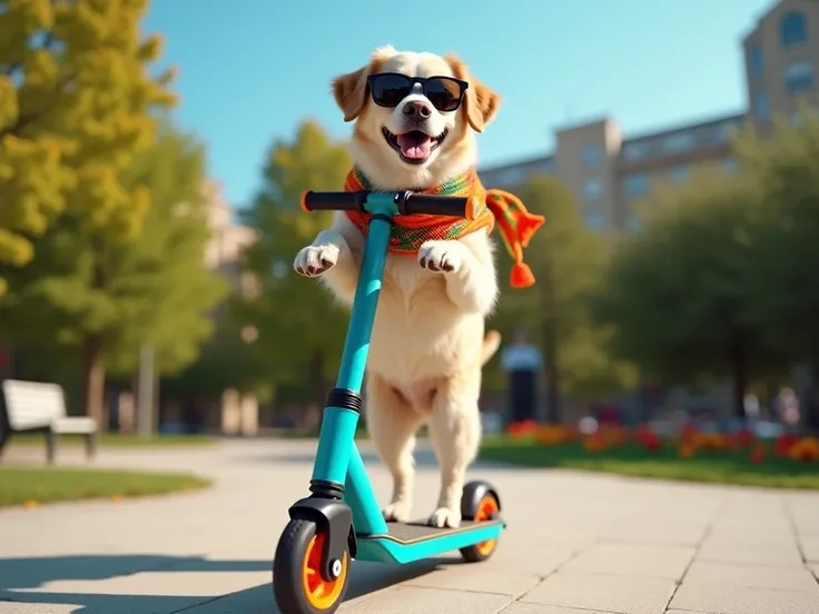  A medium-sized dog is riding a scooter , as if it were a human. He is standing,  balanced on the scooter ,  with the front legs holding the handlebars .  The dog has a cheerful expression and Are you wearing fun accessories,  like a colorful scarf and dar...