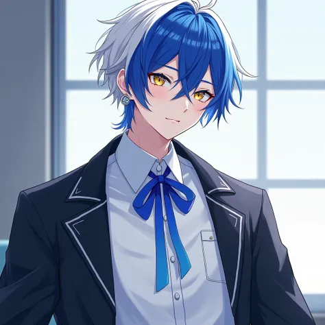 Anime boy with short blue with white hair, yellow with blue eyes, wearing silver earrings, wearing a white office uniform, a black coat, a blue ribbon, Half-standing masterpiece,very aesthetic,newest,nsfw