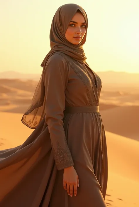 Muslim with a Niqab curvy body, blue eyes, standing in the desert 