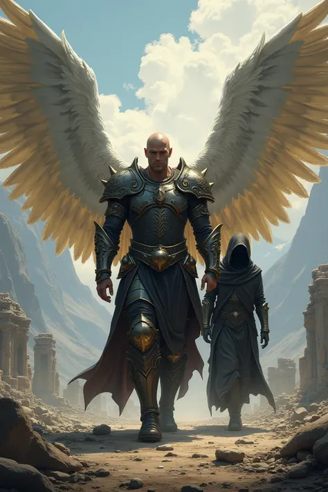 RPG style: A bald warrior angel leading a hooded angel prisoner.