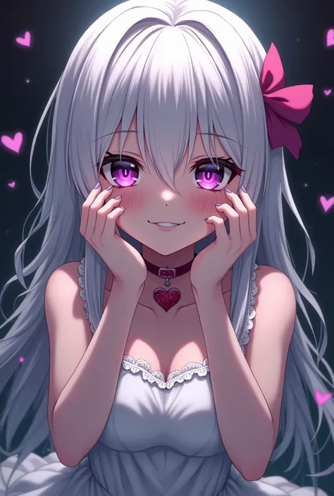 Meina , 1 girl,  holding hands on face ,((( yandere,  yandere trance))),heart-shaped pupils,nail,( white hair ,Purple Eyes),(:1.1), touch the black choker ,heart, medium chest , (  Heavy Breathing in the Gangs Hideout :1.1), heart,  white dress,  headgear ...