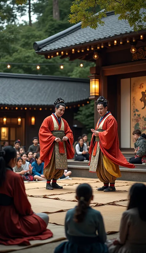 Open-Air Kabuki Theater
"A Kabuki theater performance in Japan in 1603, with actors wearing vibrant costumes and dramatic makeup. The scene includes spectators sitting on bamboo mats, applauding the performance. The stage is decorated with intricate painti...