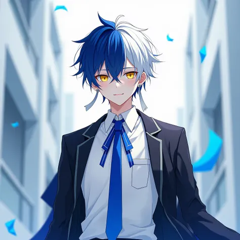 Anime boy with short blue with white hair, yellow with blue eyes, wearing silver earrings, wearing a white office uniform, a black coat, a blue ribbon, Half-standing masterpiece,very aesthetic,newest,nsfw