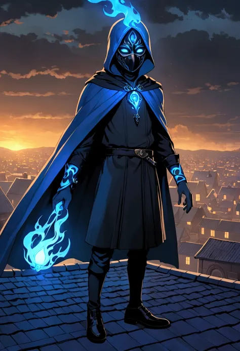 A boy is standing on a roof .  The boy is wearing a black mask on his face and his eyes glow like blue flames.  He has a blue cape and black shoes on .  He has a blue hook on his left wrist  