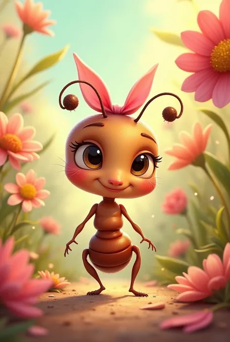 A very cute little ant character with a pink ribbon, no breasts, disney style