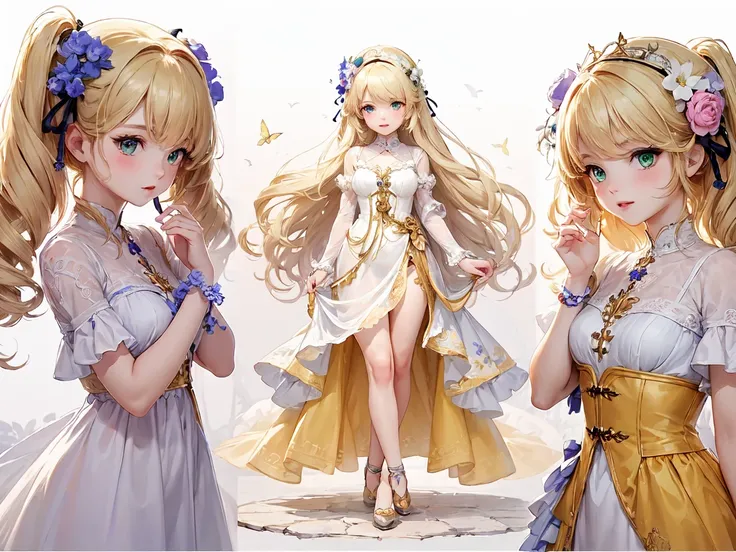 An illustration sheet featuring multiple poses and expressions of a young, beautiful girl with a doll-like appearance. She has soft, wavy blonde hair and large green eyes with long, fluttering eyelashes. The girl is wearing a yellow frilly dress with intri...