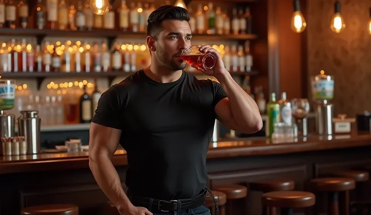 Nelson, 44 years old male, light skin, muscular, tall, brown eyes, square face, thick nose, thick lips, black t-shirt and jeans, black boots, black hair, slick hairstyle, in a bar drinking liquor