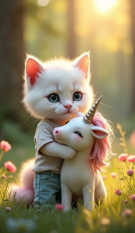 "A little white kitten wearing a casual pant and shirt, standing upright, gently holding an injured unicorn in its arms. The kittens eyes are filled with concern and compassion, while the unicorn, with a dimly glowing horn and a tangled pastel-colored mane...