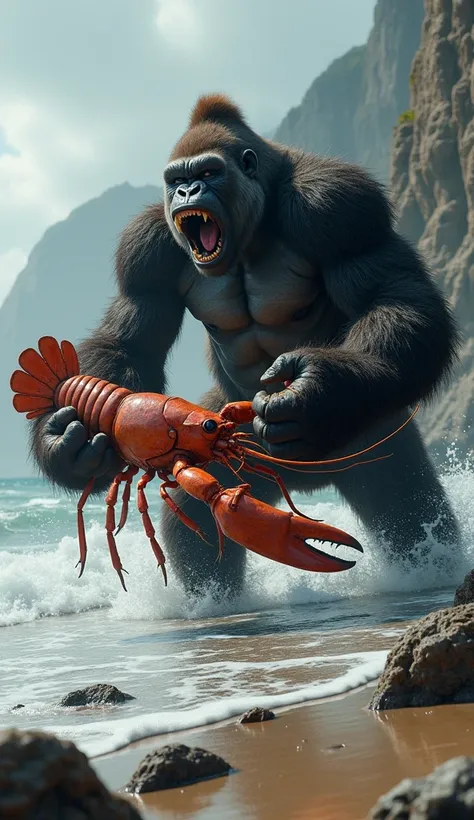 A gorilla beating a huge lobster against a backdrop of choppy beaches. 