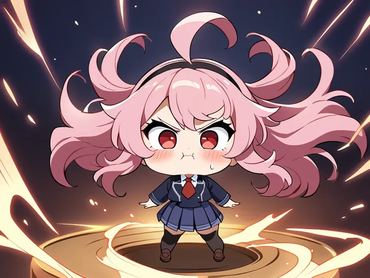 a cute angry girl, blush, puff up ones cheeks, standing, cute, round eyes, pretty, red necktie, brown shoes, small girl, indigo school uniform jacket, white school uniform shirt, floating hair, indigo school uniform skirt, very messy hair, ahoge, pink hair...