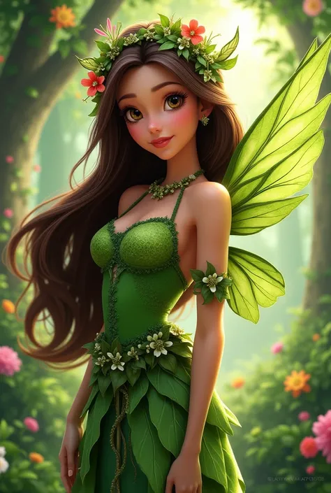 i want picture inspired by flora from winx with long dark brown colored hair with nature accessories in hair, nature inspired green costume and nature inspired green wings