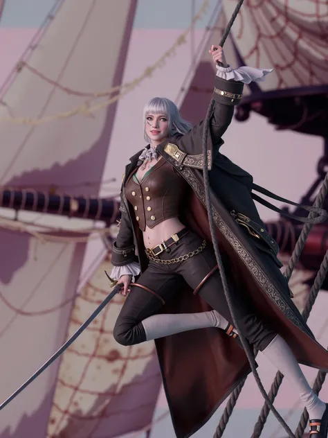 Character: A young woman, a confident and agile ship captain, swings from a rope aboard her ship, a mischievous grin on her face.
Appearance:
Hair: Long, straight, silvery-white hair, styled in a center part. The hair might be blowing slightly in the wind,...