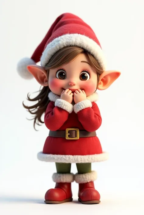 A jovial and friendly Christmas dwarf (female, with very feminine features) rendered in 3D designed to create a happy and warm atmosphere, suitable for ren. The Christmas dwarf stands in the center of a pure white background with his hands in his mouth wit...