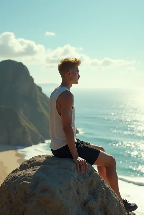 
 I will create a realistic image of a blond boy , thin, 34 years old,  sitting on a rock at the top of a hill looking at the beach, I want an image equal to the quality of a real photo 