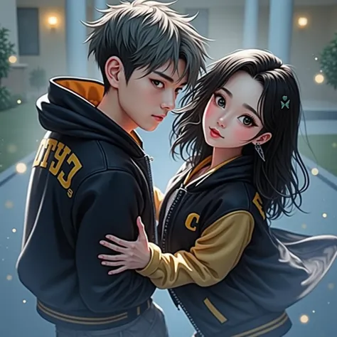 Handsome young Korean man with short messy hair in black silver color, black yellow varsity jacket.Beautiful Korean woman with long black hair, same clothes.