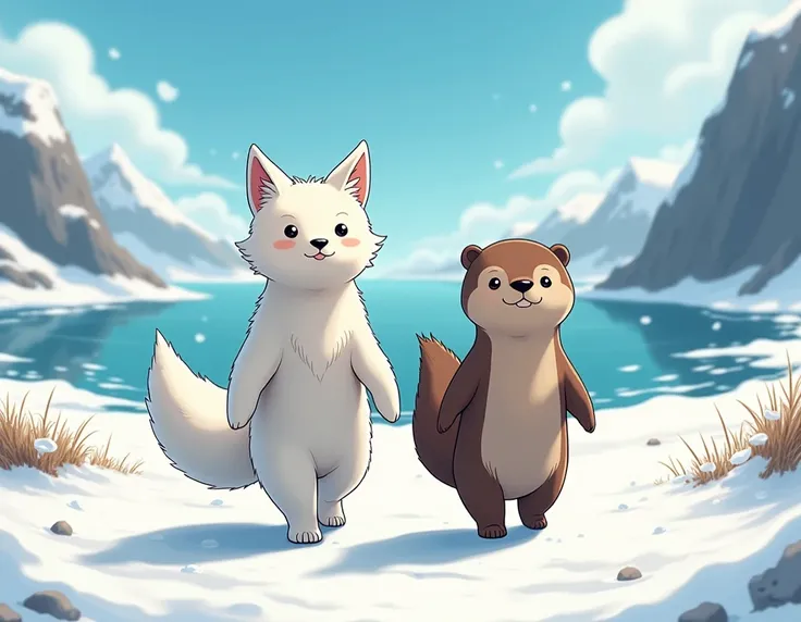 Anime style. Animals. An arctic fox and a sea otter walking side by side. 3/4 front view.