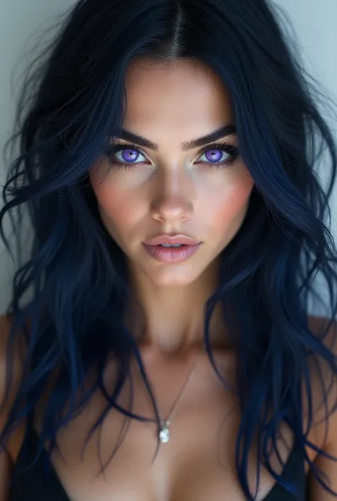 Megan Fox-like Woman with Violet Eyes and Blue-Black Hair